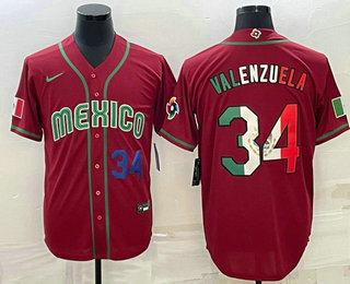 Men%27s Mexico Baseball #34 Fernando Valenzuela Number 2023 Red Blue World Baseball Classic Stitched Jersey